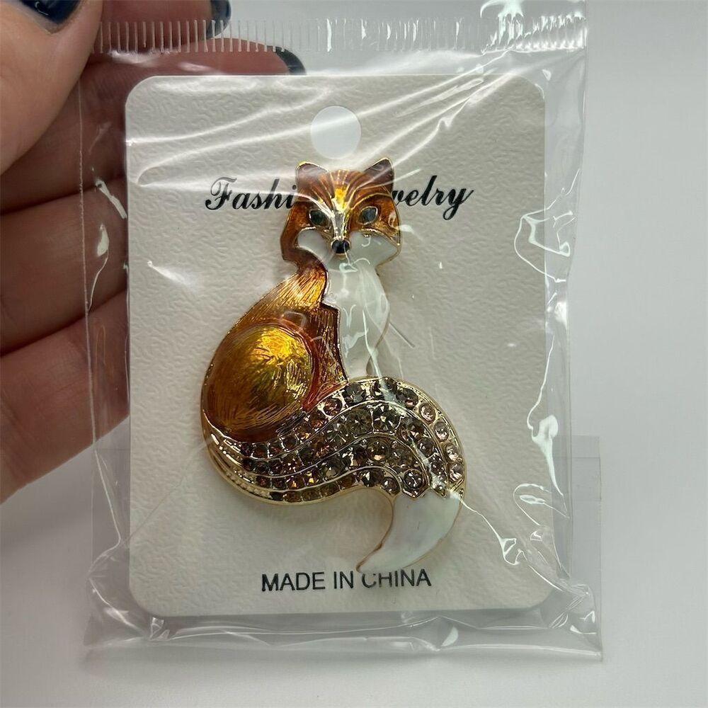 Vibrant Orange Small Enamel Fox Brooch with Rhinestone Accents Sparkle New - Picture 4 of 8